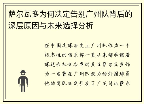 萨尔瓦多为何决定告别广州队背后的深层原因与未来选择分析
